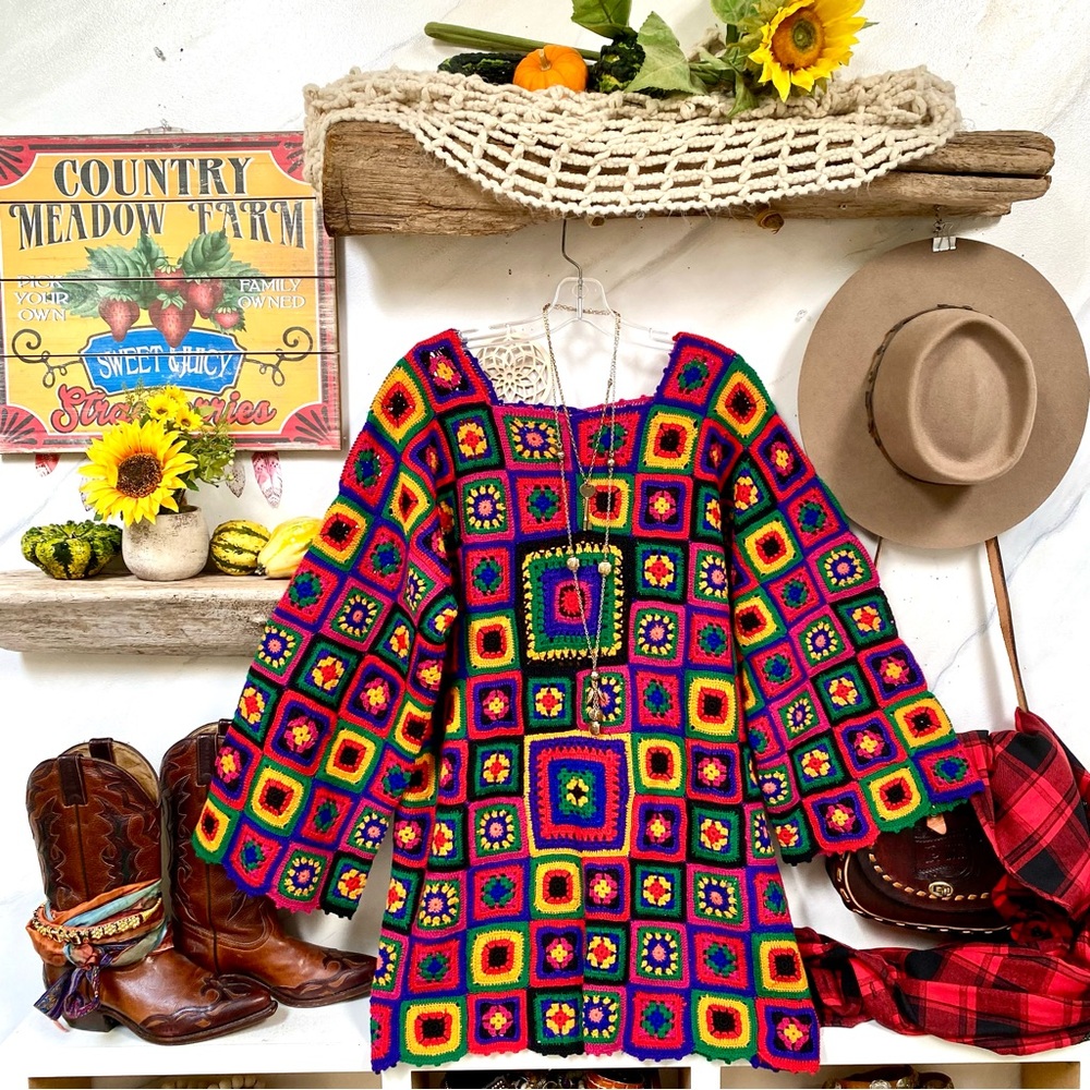 Colorful Granny square Crochet Mini Dress/Tunic